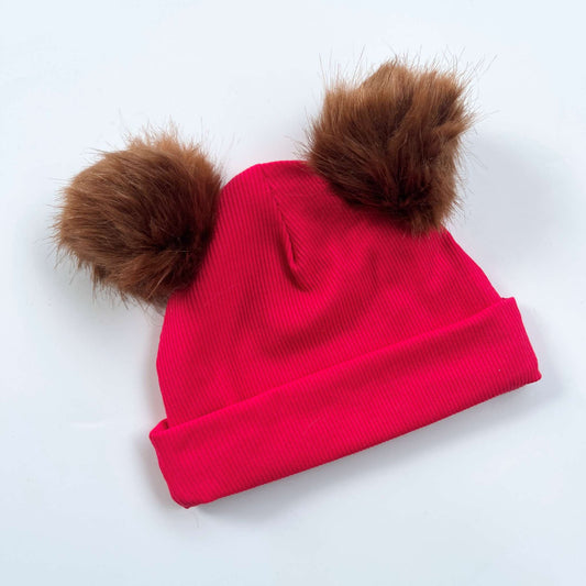 Red Beanie Hat wIth Brown Pom Pom Balls for Babies & Kids