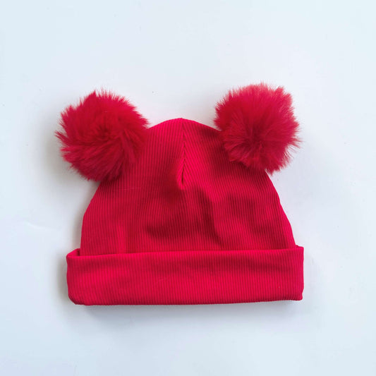 Red Beanie Hat wIth Red Pom Pom Balls for Babies & Kids