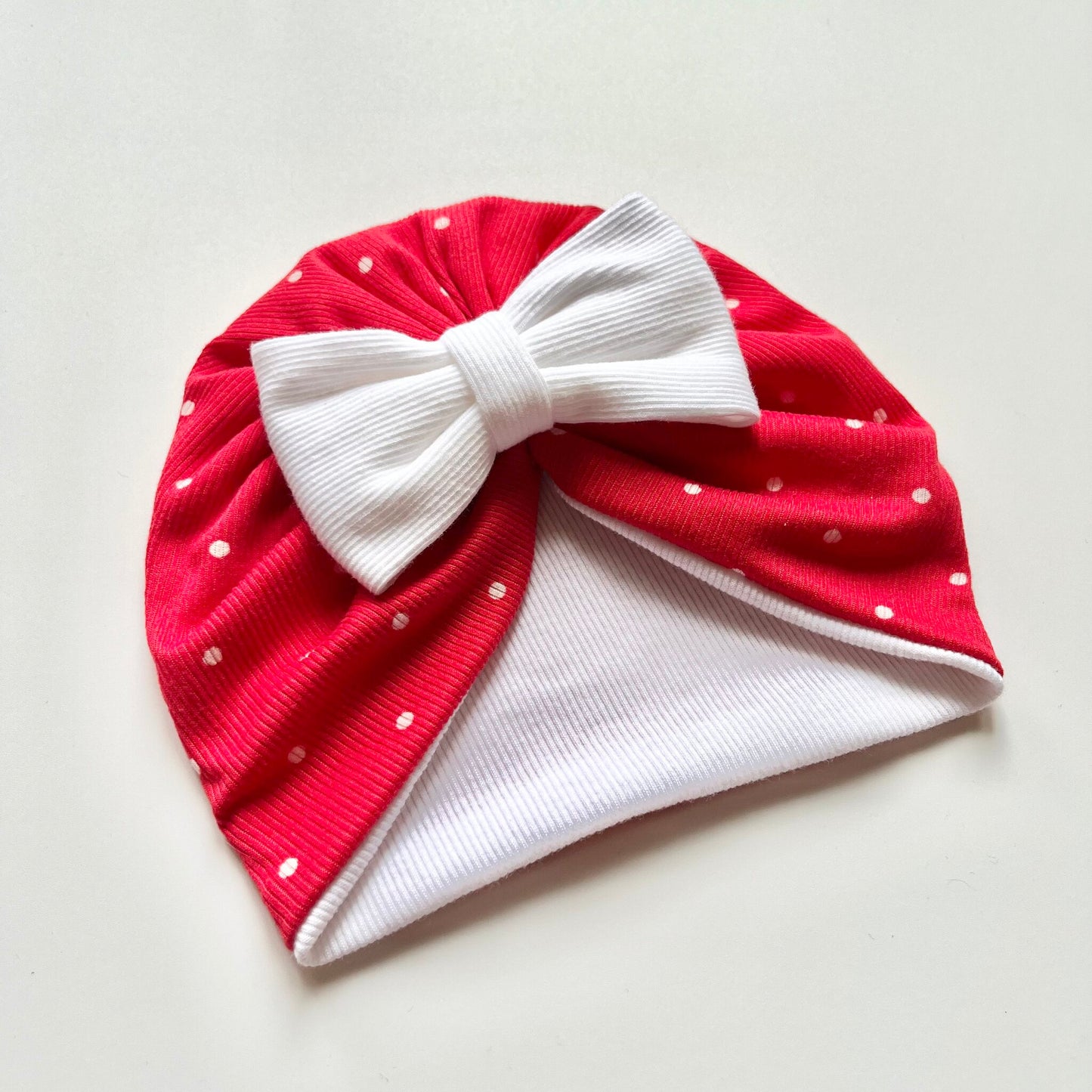 Red Colour Baby Turban With White Dots - Bow Design