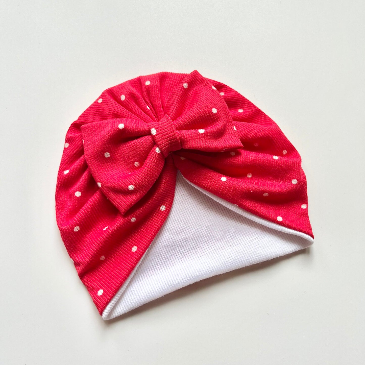 Red Colour Baby Turban With White Dots - Bow Design