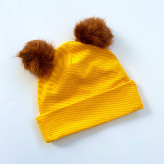 Yellow Beanie Hat wIth Brown  Pom Pom Balls for Babies & Kids